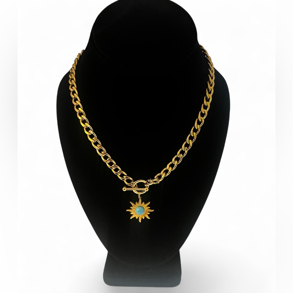 NEW 18K GOLD PLATED SUN & TURQUOISE CHARM – STAINLESS STEEL CUBAN NECKLACE